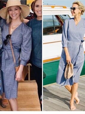 NWT DRAPER JAMES Embroidered Dot Chambray Wrap Dress Blue Size 12